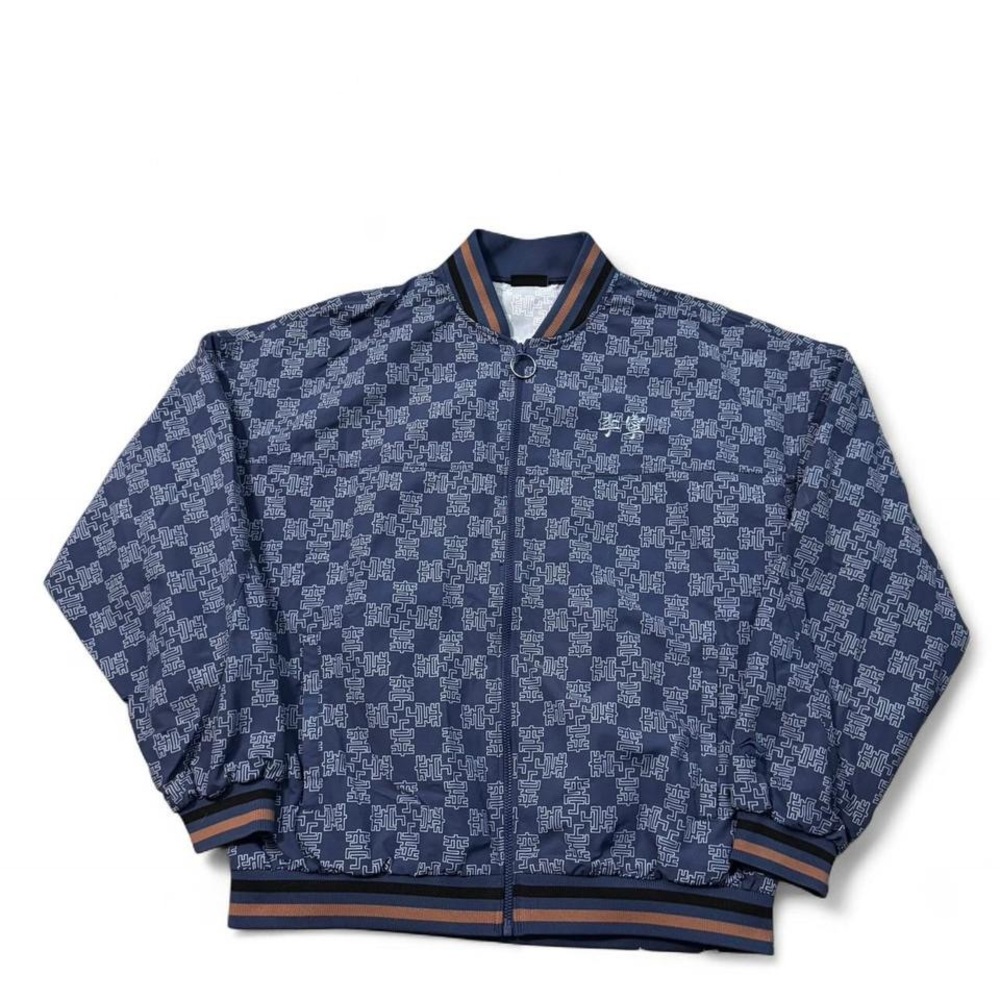 Li-Ning full zip embroidered logo Damier jacquard bomber jacket blue L mens